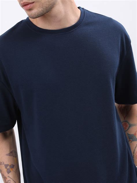 Buy Ketch Navy Blue Solid Oversized Round Neck T Shirt For Men Online