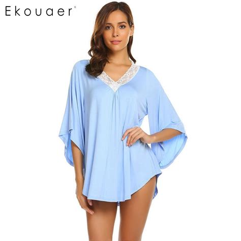 Ekouaer Sexy Mini Nightgowns Chemise Sleep Dress Women V Neck Lace Patchwork Asymmetrical Sleeve