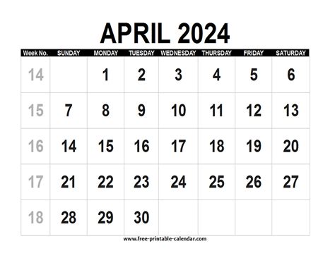 Blank Calendar 2024 April Free Printable