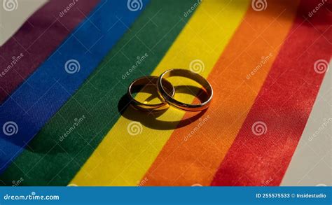 legalization of same sex marriages rainbow flag and wedding rings stock image image of team