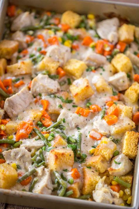 leftover turkey casserole with an easy creamy cheddar gravy cornbread and vegetables will m
