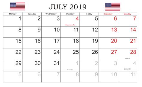 United States Holidays July 2019 Holiday Calendar Printable 2019