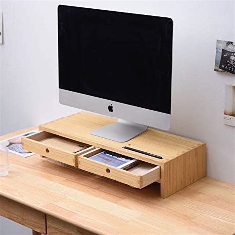 Kirigen Wood Monitor Stand With 2 Drawers Computer Arm Riser Desk