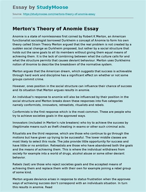 Anomie Strain Theory And Deviant Behavior Free Essay Example