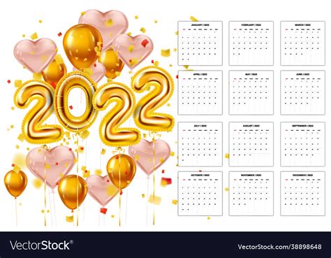 Calendar 2022 Gold And Pink Balloons 3d Numbers Vector Image
