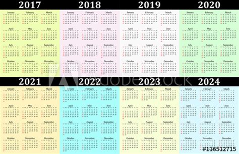 Eight Year Vector Calendar 2017 2018 2019 2020 2021 2022 2023