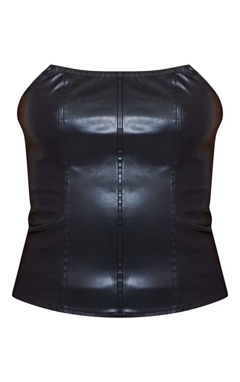 Black Faux Leather Corset Tops Prettylittlething Qa