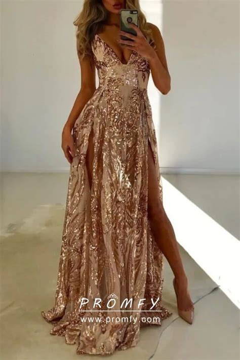 Sparkly Gold Sequin Double Slits Prom Party Dress Promfy