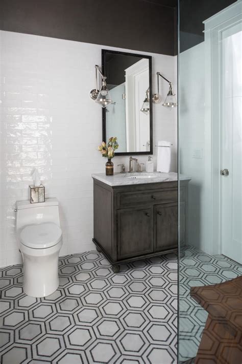 We believe in helping you find the product that is right. Transitional Gray and White Bathroom With Hexagon Floor ...