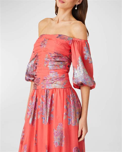 Shoshanna Ruched Off Shoulder Floral Chiffon Midi Dress Neiman Marcus