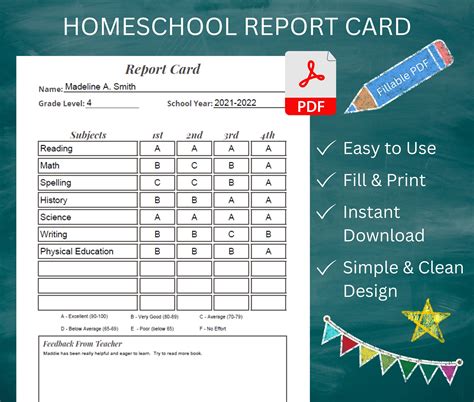 Fillable Printable Homeschool Report Card, Grade Tracker for