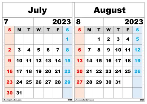 Month Of Julyaugust 2023 Calendar Pelajaran