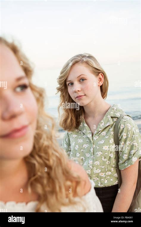 Sweden Blekinge Hallevik Front View Of Two Teenage Girls 14 15 16