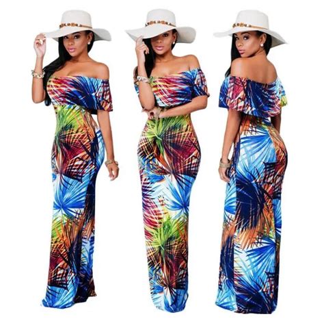 2017 new fashion hawaii style floral print slash neck slim fit dress maxi dress in dresses from