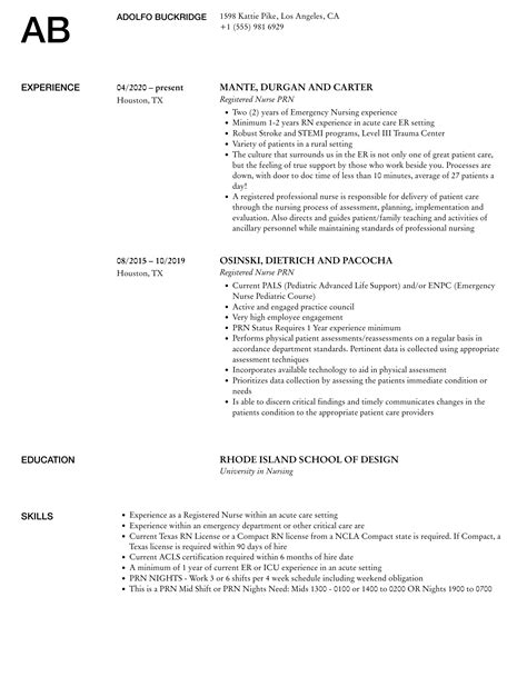 Registered Nurse PRN Resume Samples | Velvet Jobs