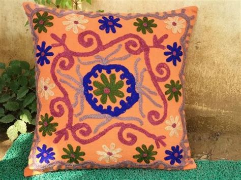 meera handicrafts multicolor suzani embroidered pure cotton cushion cover for home size 16 16