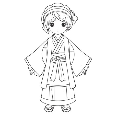 Japanese Girl Anime Coloring Page Outline Sketch Drawing Vector Kimono