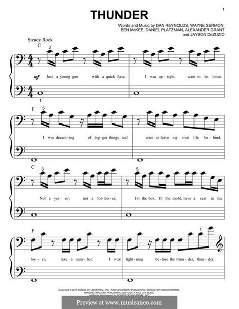 Download imagine dragons radioactive sheet music notes and printable pdf score arranged for big note piano. Thunder (Imagine Dragons) by A. Grant, J. Dezuzio, B ...