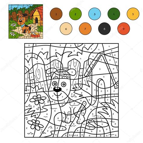 Probeer tientallen gratis verven op nummer afbeeldingen of maak je eigen meesterwerk met pixelkunst! Kleuren op nummer, voor kinderen met een hond — Stockvector © ksenya_savva #115308390