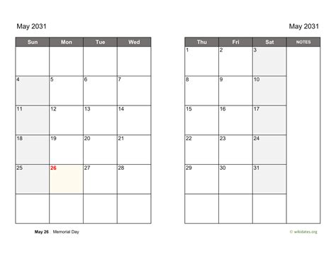 May 2031 Calendar On Two Pages