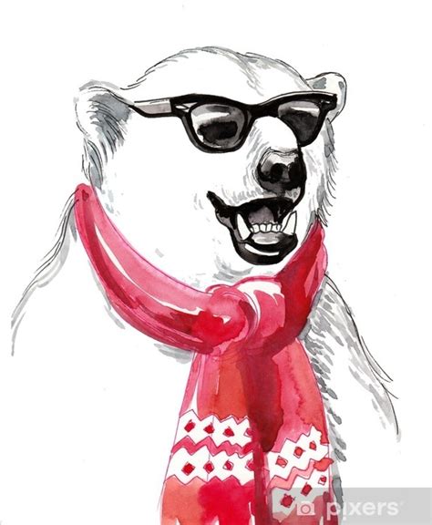 Sticker Cool Polar Bear In Sun Glasses And Red Scarf Pixersuk