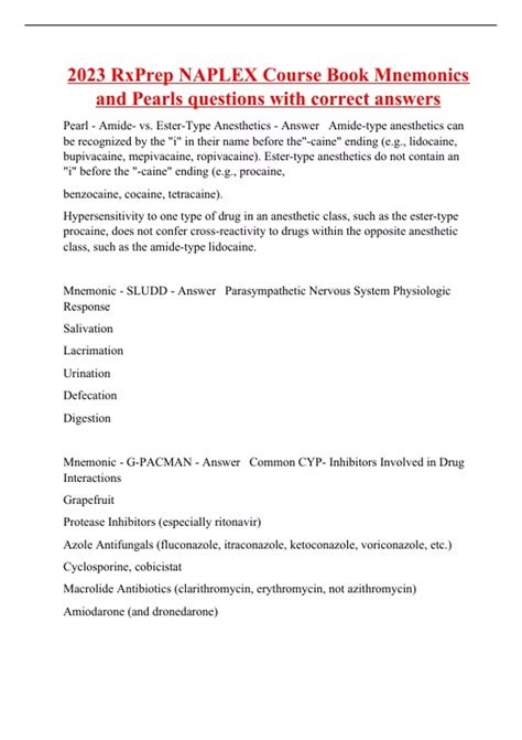 2023 RxPrep NAPLEX Course Book Mnemonics and Pearls questions with