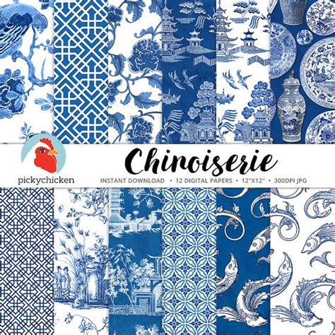 Chinoiserie Digital Paper Chinese Patterns Blue And White Paper Blue