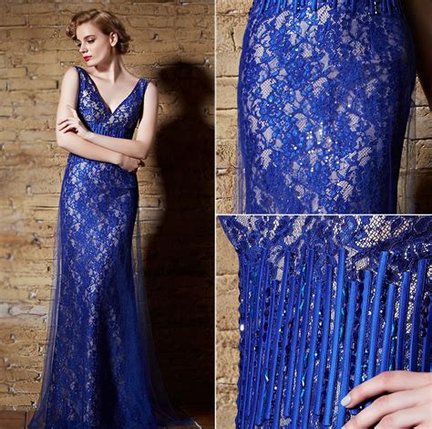 Sexy Blaues V Ausschnitt Perle Langes Ärmellos Abendkleid aus Spitze