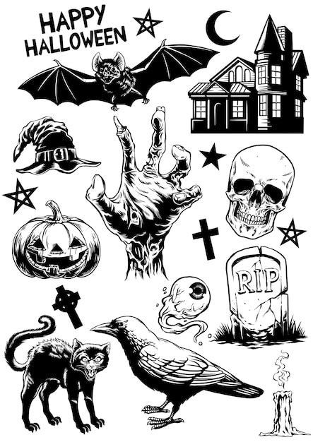Set de dibujo de halloween de objetos de halloween en blanco y negro