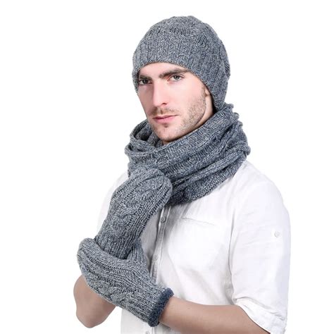 Vbiger 4pcs Men Knitted Scarf Set With Beanies Gloves Male Winter Hat