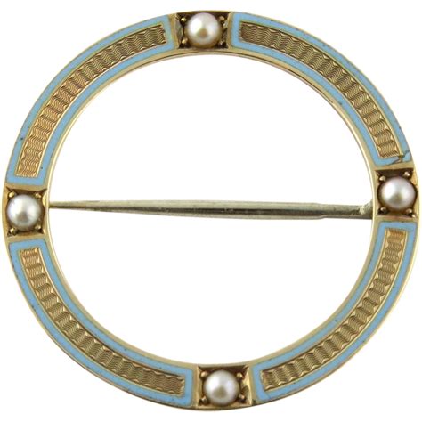 Vintage 14k Yellow Gold And Turquoise Enamel Open Circle Pin Brooch