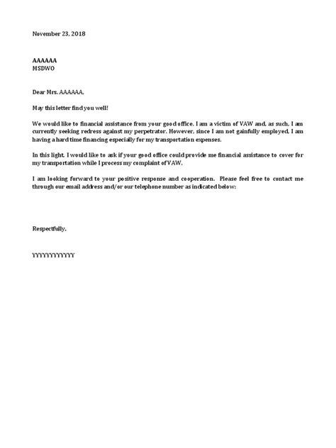 Sample Letter For Financial Assistance Vaw Pdf