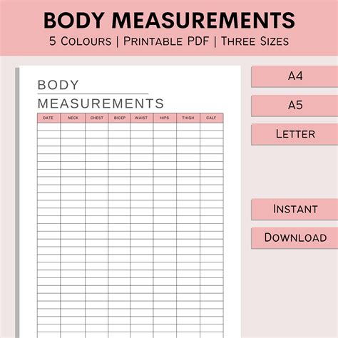Body Measurement Tracker Printable Body Progress Weight Loss Journal