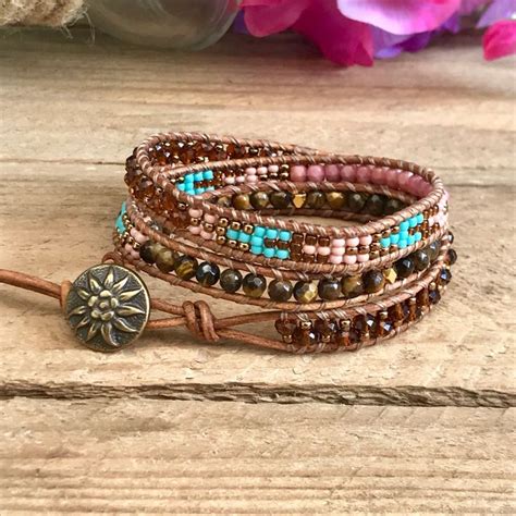 Brown Peach Turquoise Leather Wrap Bracelet Beaded Leather Wraps