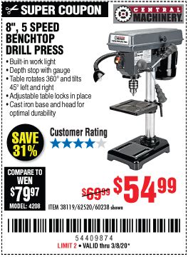 Find all of the best harbor freight tools coupons live now on insider coupons. CENTRAL MACHINERY 8 in. 5 Speed Bench Drill Press for $54 ...