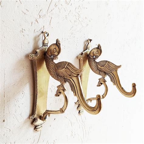 Pair Of Ornate Hand Crafted Parrot Design Brass Wall Hooks L 23 Cm X