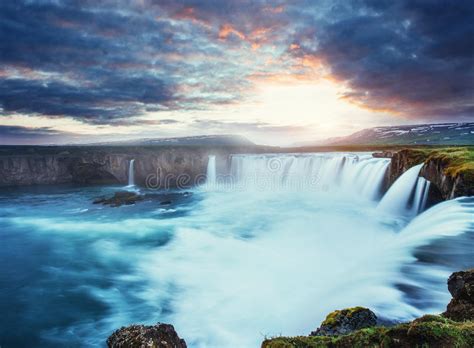 Godafoss Waterfall At Sunset Beauty World Iceland Europe Stock Photo