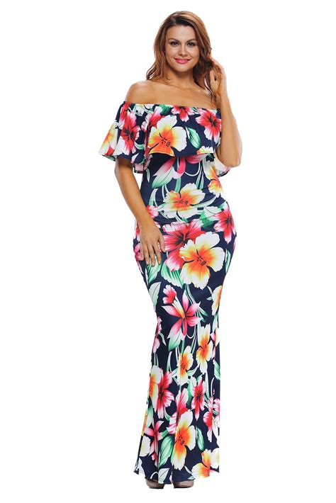 Women Sexy Tropical Roses Print Dress Ruffles Off Shoulder Maxi Dress