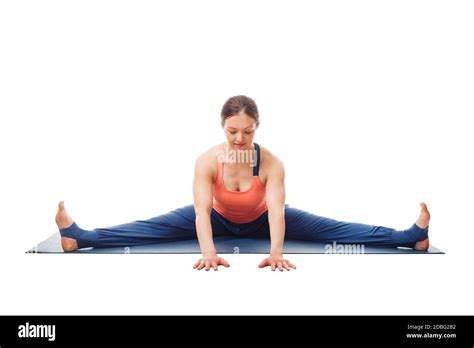 Woman Doing Ashtanga Vinyasa Yoga Asana Upavistha Konasana Wide Angle