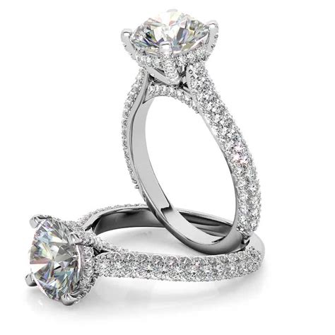 round pave moissanite cathedral engagement ring with hidden halo enr691
