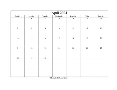 Editable Calendar April 2024