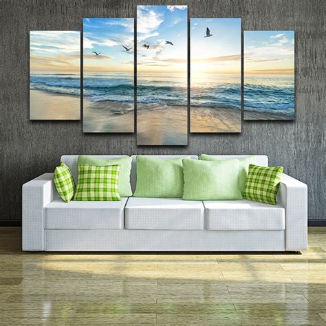 Canvas Hd Prints Poster Home Decor 5 Pieces Sea Wave Beach Seagull