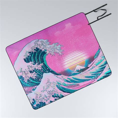 Vaporwave Aesthetic Great Wave Off Kanagawa Sunset Picnic Blanket