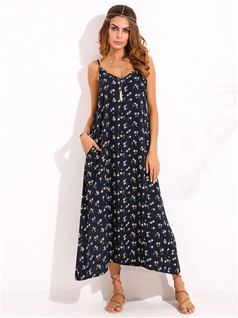 Navy Blue Beach Shift Printed Pattern Polyester Casual Dresses Style
