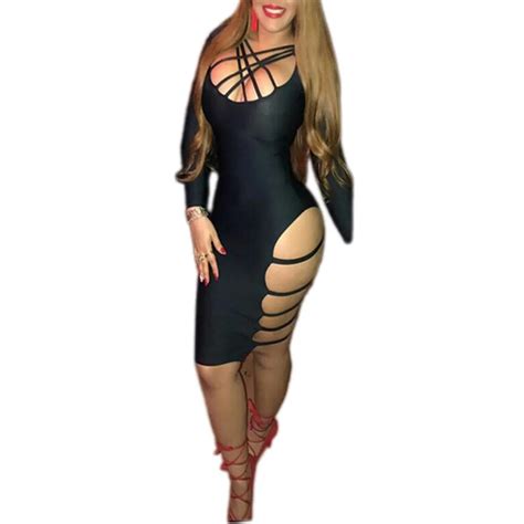 2017 Fashion Women Black Dress Long Sleeve Sexy Bodycon Asymmetrical Cut Out Bandage Dress