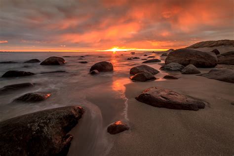 Wallpaper Landscape Sunset Sea Rock Shore Sky Stones Clouds Beach Sunrise Calm