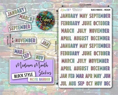 Month Stickers Medium Pastel Rainbow Block Style Rebelinkco