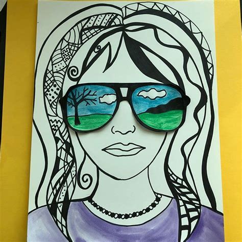 5th Grade Portraits with sunglasses. Ink and water color ... Drawing with coloured pencil crayons.