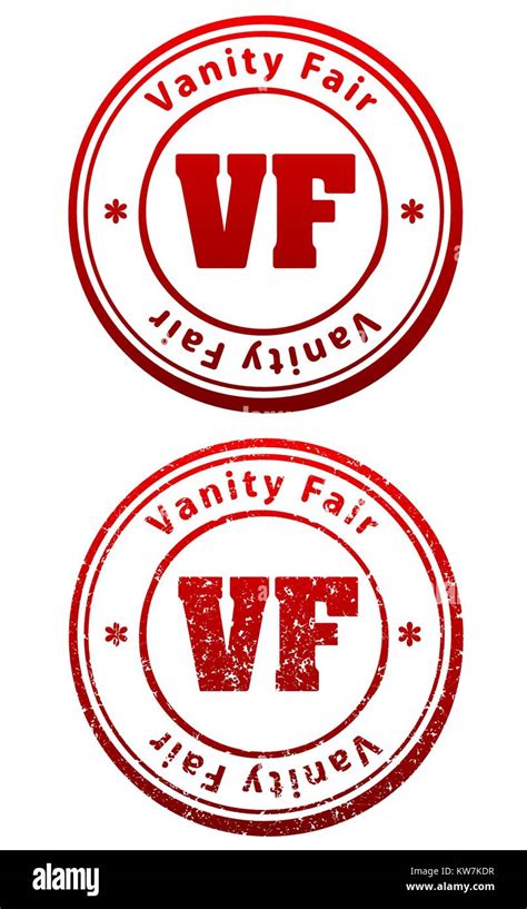 pair of red rubber stamps in grunge and solid style with caption vanity fair and abbreviation vf