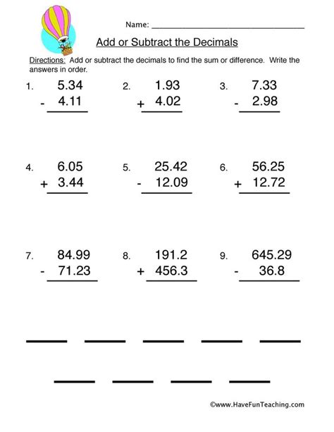 Subtracting Decimals And Whole Numbers Worksheet